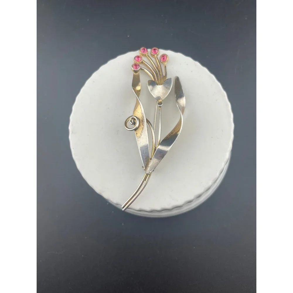Vintage Sterling Vermeil Modernist Floral Brooch Pink Rhinestone Mid Century Pin
